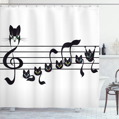 Ambesonne Music Shower Curtain, Notes of Kittens Kitty Cat Art Notation of Tune in Halloween Theme Monochrome Style of Artwork, Cloth Fabric Bathroom Set with Hooks, 69" W x 75" L, Cream and Black
