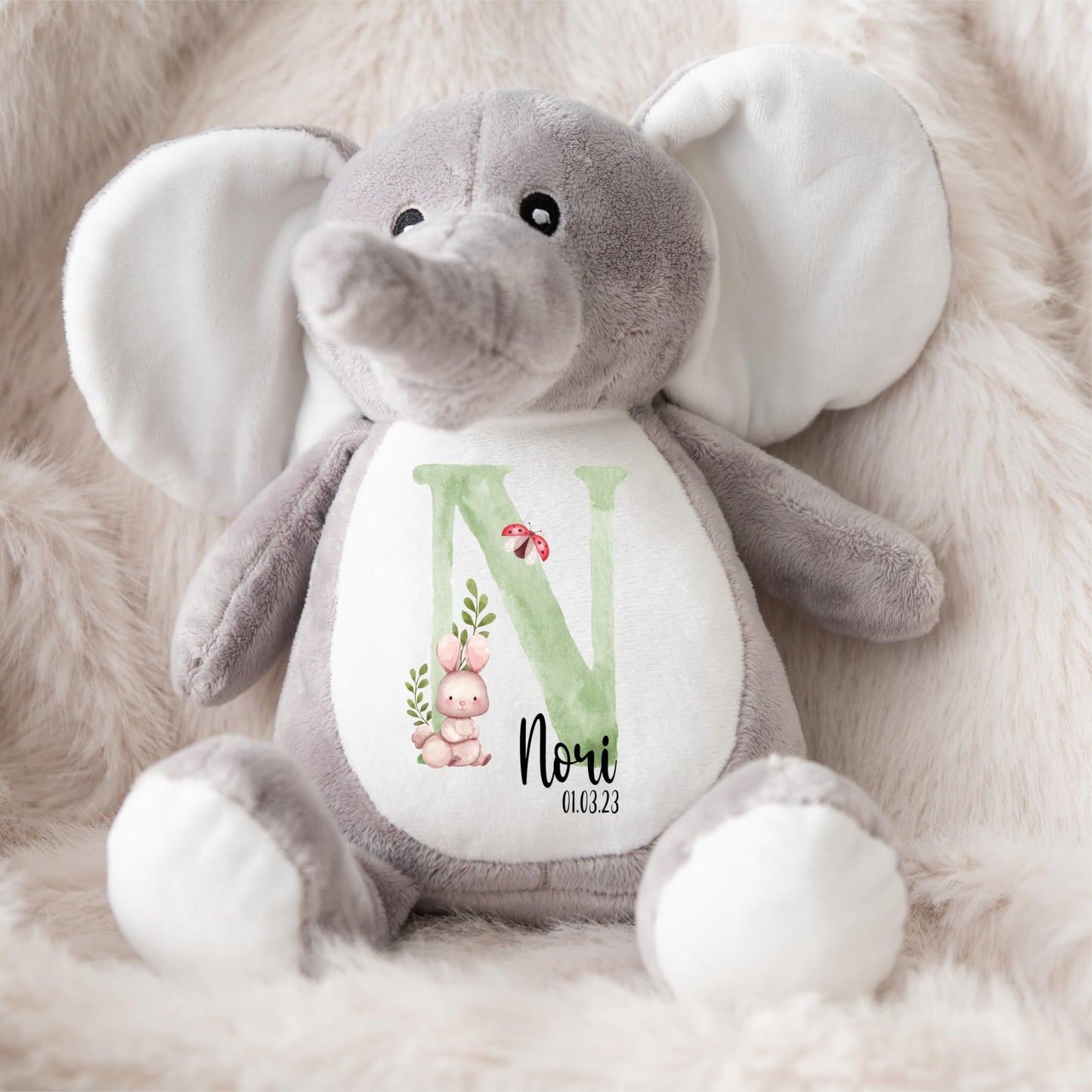 Crafted Memories - Personalised Teddy | Velveteen Bunny Soft Toy | Customisable Name for Newborns | Keepsake for Boys & Girls | Baby Shower Item | Green Initial | Grey or White, 20-23cm