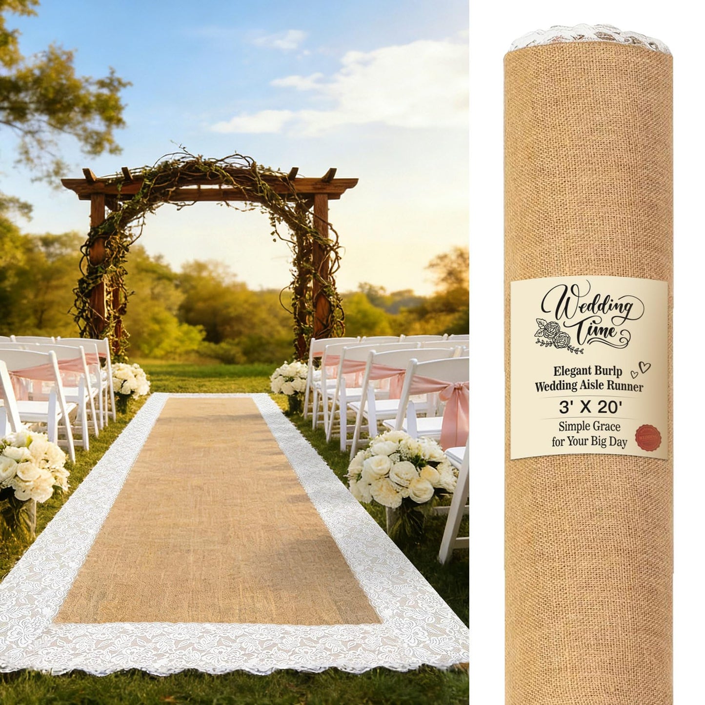 3FT x 20FT Natural Burlap Wedding Aisle Runner Outdoor, Aisle Runner for Wedding Ceremony with Lace, Rustic Jute Carpet Rug, Beach Wedding Decor Aisle Decor for Church Lawn Garden Reception