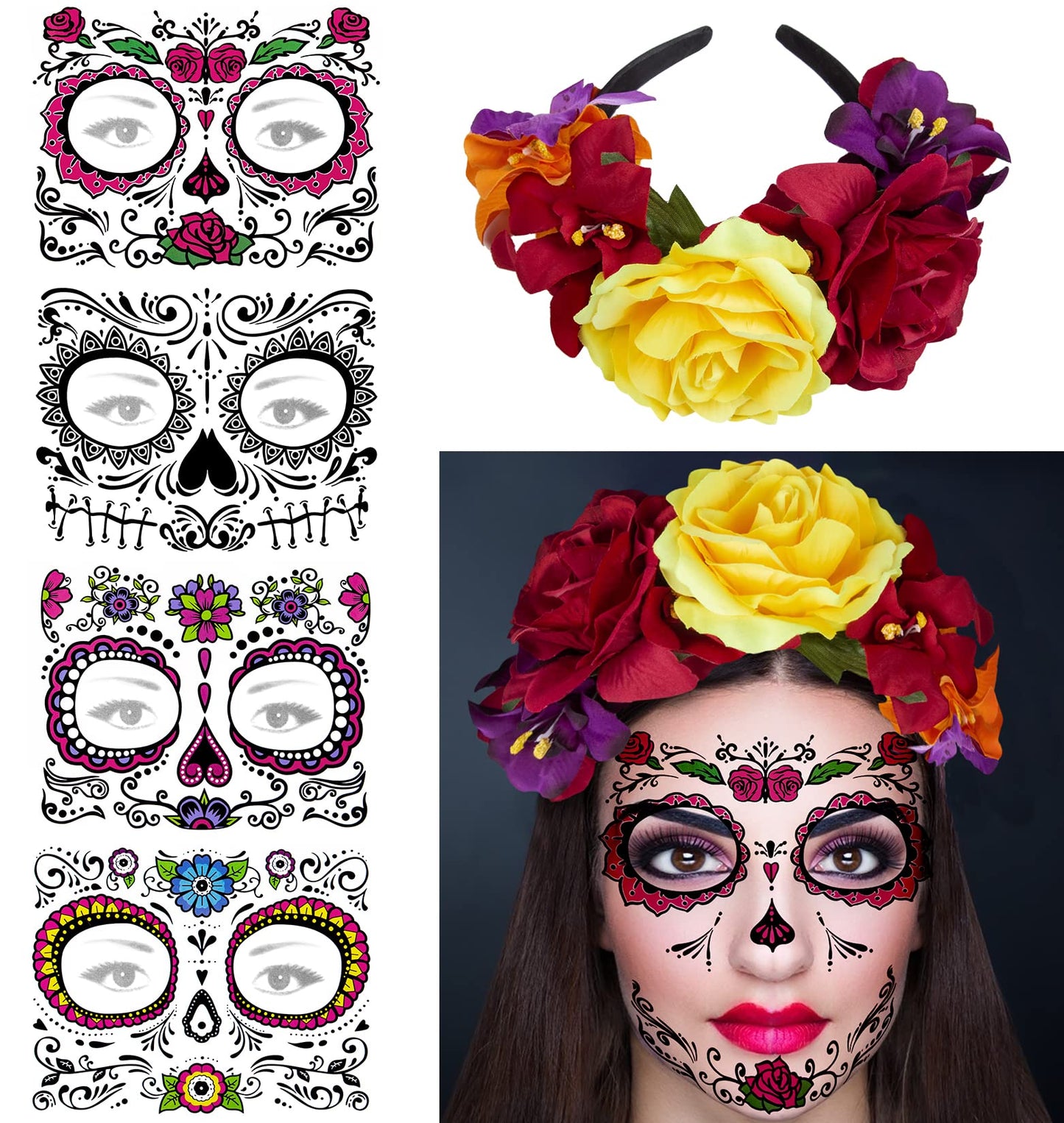 Rose Flower Halloween Headband & Day of the Dead Face Tattoos, Temporary Tattoo Stickers and Mexican Floral Headpiece for Halloween Costumes Party Supplies Cosplay Festival, Day Of the Dead headband
