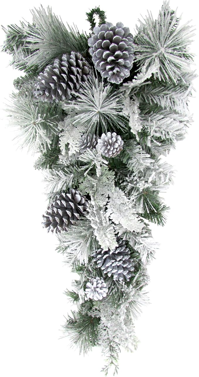 Fraser Hill Farm 30" Christmas Snow Flocked Teardrop Door Swag with Pinecones, FF030CHTD001-0SN