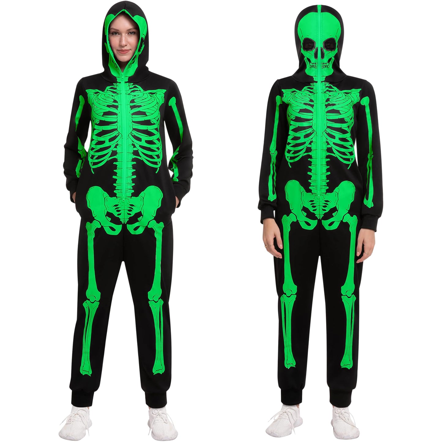 Spooktacular Creations Skeleton Costume Adult Women, Glow in the Dark Costume, Plush Skeleton Pajama Zippered Hoodie for Halloween Dress Up Parties-M