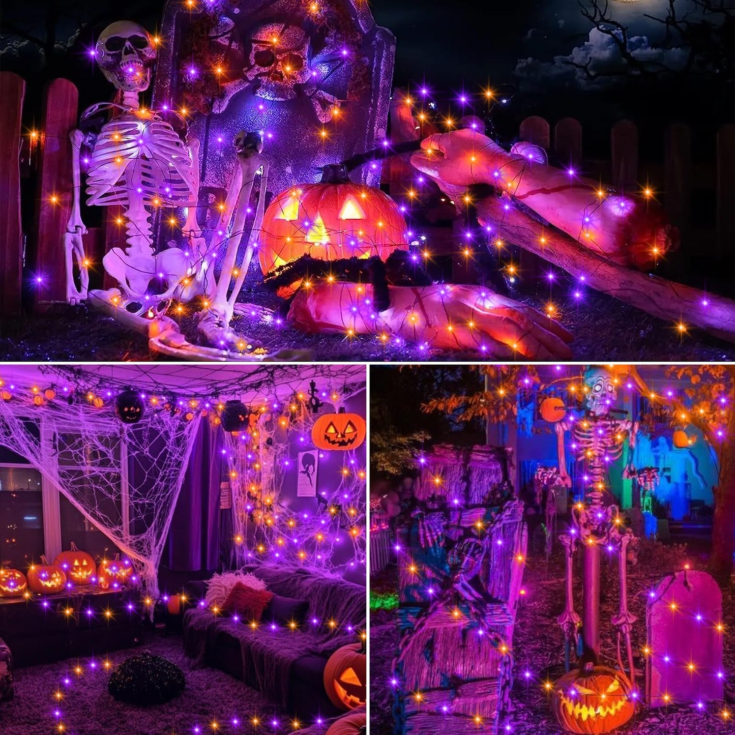 Purple Orange Halloween Timer Fairy Lights Battery Operated 4 Pack 16.4Ft 50 LED Black Wire Twinkle Lights with Timer 5 Modes for Halloween Indoor Outdoor Party Decoration
