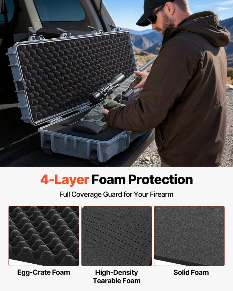 VEVOR Rifle Case, Rifle Hard Case with 4 Layers Fully-protective Foams, 50 inch Lockable Gun Storage with Wheels, IP67 Waterproof & Dustproof, for Rifle, Shotgun, Airsoft Gun, Grey