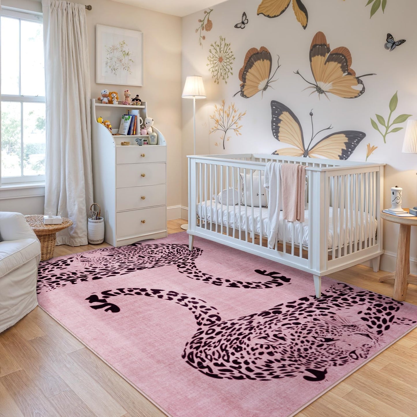 OJIA Leopard Print 5x7 Area Rugs for Living Room, Soft Washable Rugs for Bedroom Ultra-Thin Non-Slip Moden Pink Rug, Stain Resistant Nursery Rug Carpet for Kids Playroom Classroom Dining Room