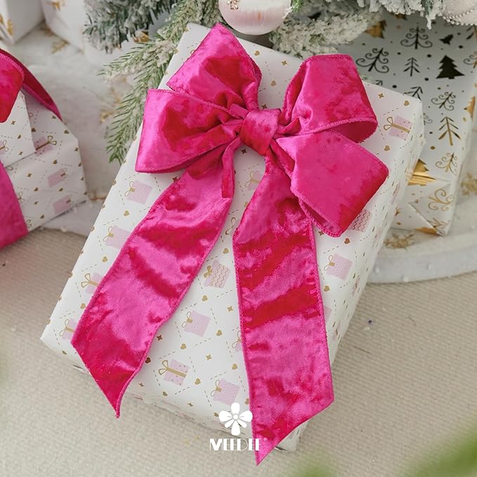 MEEDEE Fuchsia Velvet Ribbon 2.5 inch Thick Velvet Wired Edge 10 Yards Two Tone Ribbon for Christmas Tree, Gift Wrapping, Garland, Wreaths, Bows Making, Crafts Supply