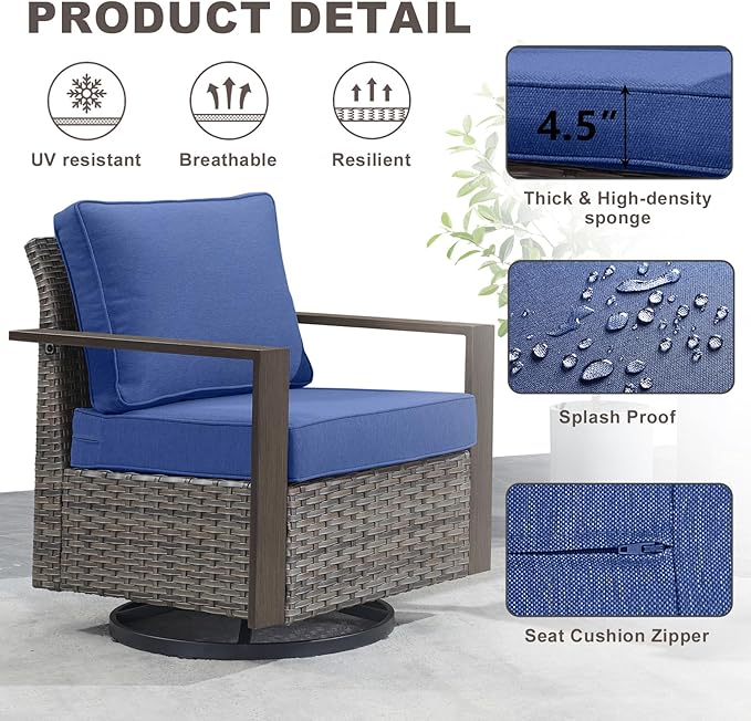 Rilyson Outdoor Wicker Patio Furniture Set - 5 Piece Patio Conversation Set with 2 Wicker Swivel Rocker Chairs,2 Ottoman, 1 Side Table, Thick Cushions, Deep Seating, Wide Armrest(Mixed Grey/Blue)