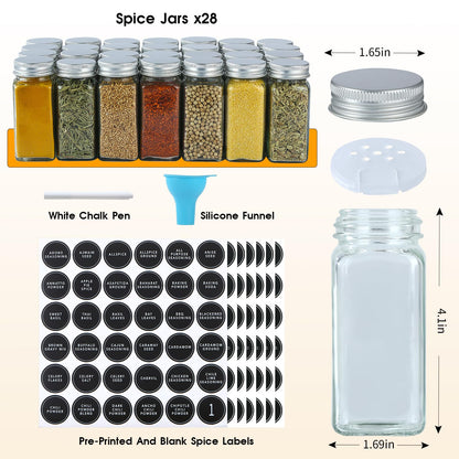 Spice Rack Organizer with 28 Spice Jars, Black Lids，Spice Labels, Chalk pen and Funnel Set for Cabinet, Countertop, Pantry, Cupboard or Wall Mount
