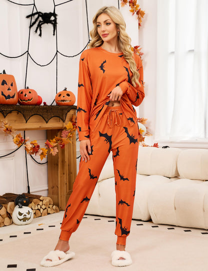 Blooming Jelly Womens Cute Pajama Sets Soft Halloween Pajamas Side Slit Sleepwear Loungwear with Pockets (L, Orange)