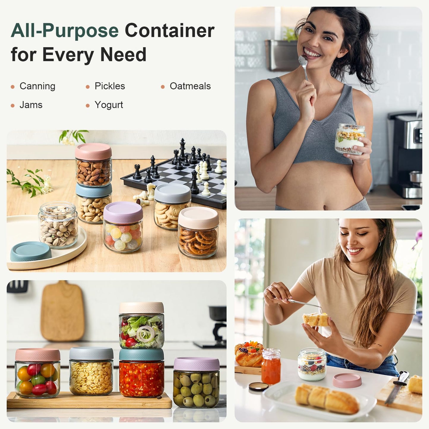 NETANY 6-pack 16 oz Overnight Oats Containers with Lids, Glass jars with Airtight Lids, Wide mouth Mason Salad jars, Glass Food Storage Containers for Snacks Yogurt Spice Sugar