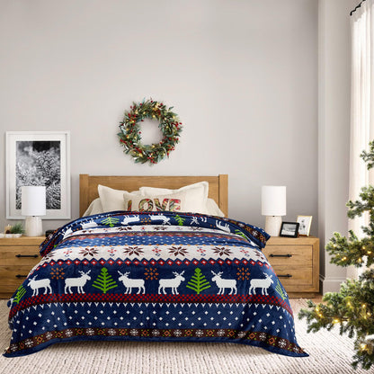 Home Soft Things Christmas Collection Flannel Fleece Blanket, Queen, Blue Christmas Deer, 90" x 90", Winter Warm Cozy Throw Blanket for Bed Home Décor