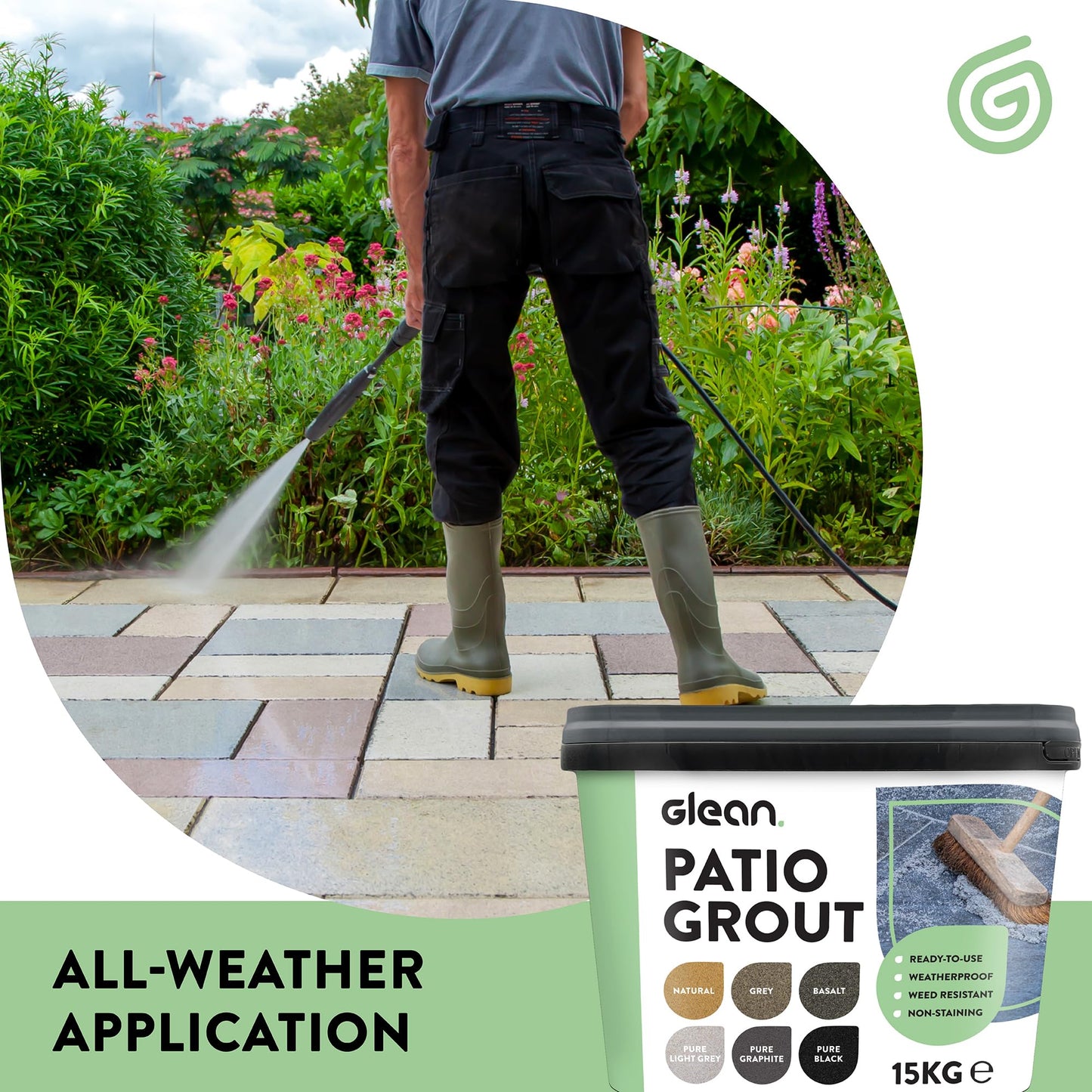 GLEAN Patio Grout | NATURAL | 15kg - 20m² Coverage | Jointing Compound | Brush In Patio Grout For Paving Patios & Block Paving | Self Setting All Weather Application | Ready Mixed