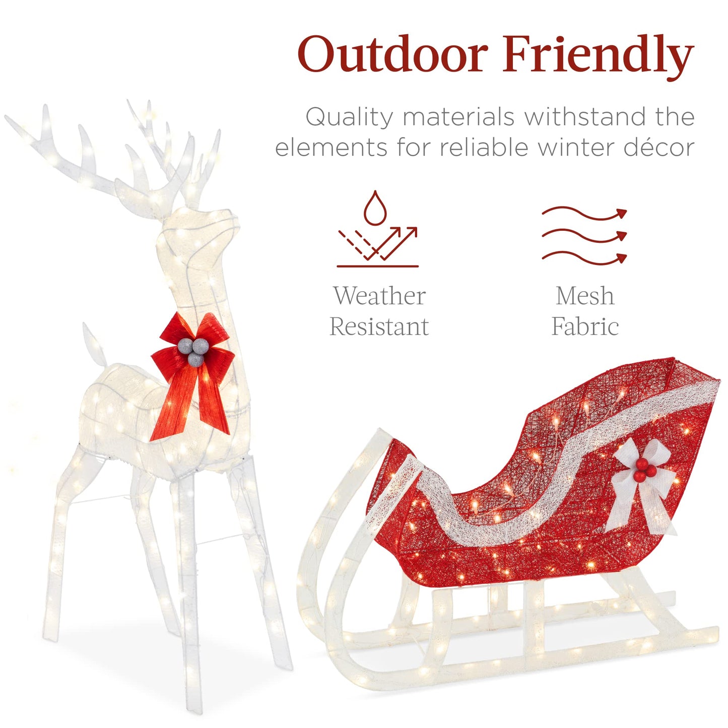 Best Choice Products Lighted Christmas 4ft Reindeer & Sleigh Holiday Outdoor Yard Decoration Set w/ 205 LED Lights, Stakes, Zip Ties - White