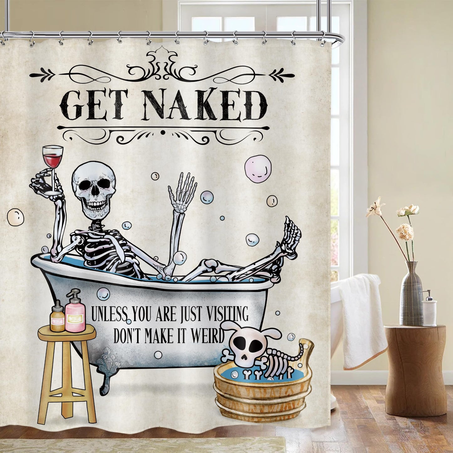 LGhtyro Funny Skull Skeleton Shower Curtain Gothic Spooky Cool Unique Hilarious Bone in Bathtub Bubbles Dog Halloween Bathroom Set 60Wx71H Inches Bath Accessories Art Home Decor Fabric 12 Pack Hooks