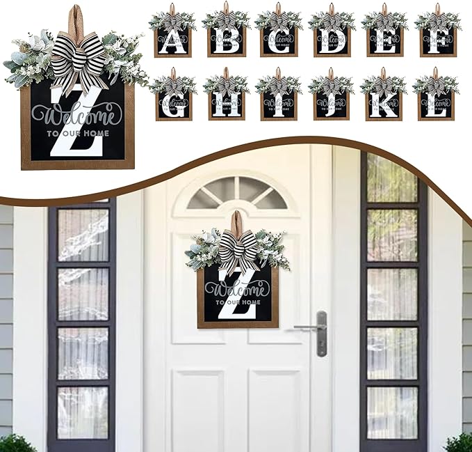 Ultra Large 14'' Last Name All Year Round Front Door Wreath with 26 Initial Letter Welcome Sign All Seasons Eucalyptus Garland and Bow Wreaths for Front Door Porch Farmhouse Decoration (Z)