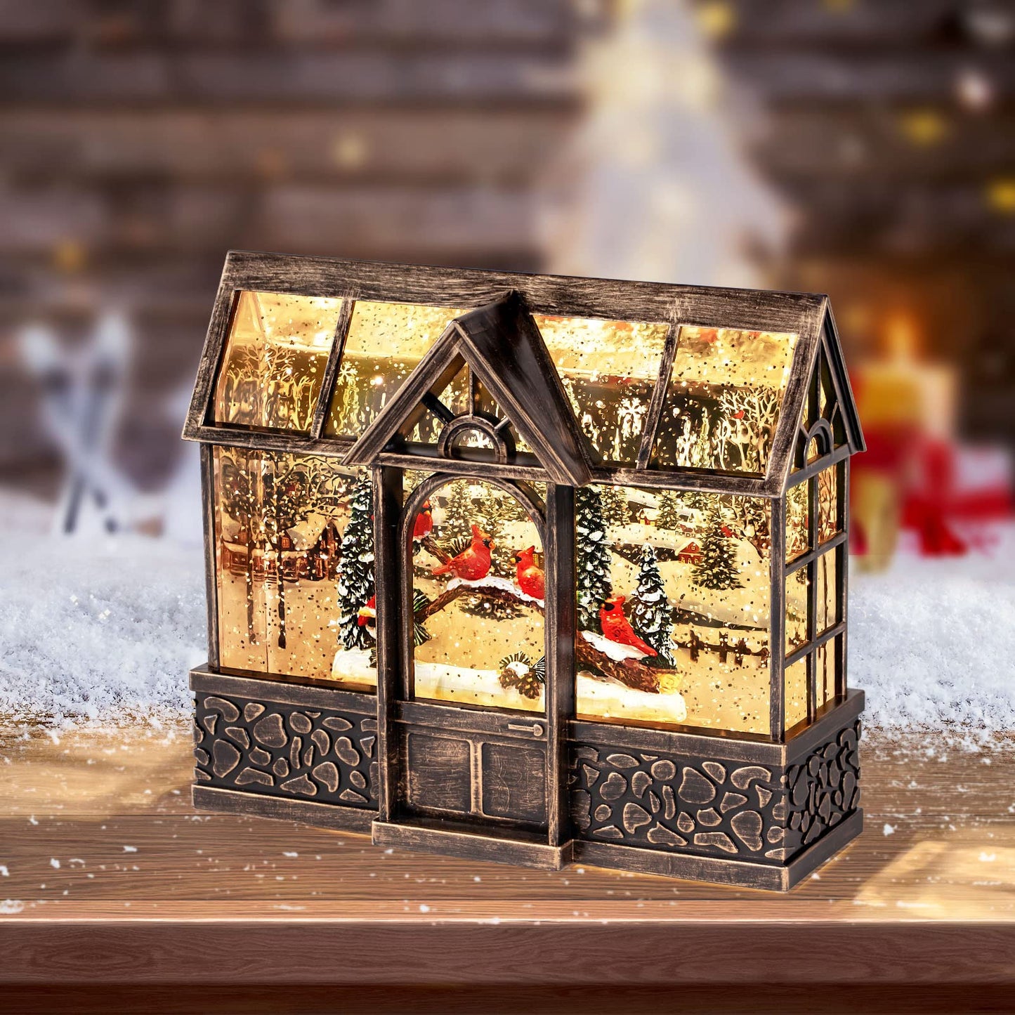 Christmas Lantern Snow Globe, Cardinal Music Box with 8 Songs, 6H Timer Battery Operated & USB Powered Suitable for Christmas Home Decorations Holiday Table Party Decor Gifts