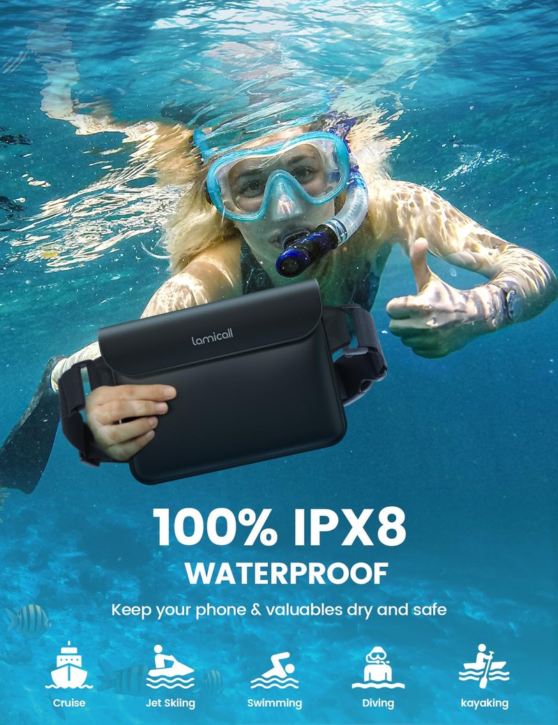 Lamicall Waterproof Fanny Pack Pouch - Large 8.7” Capacity fits iPad Mini & iPhone 17 16 15 Pro Max with Case - IPX8 Submersible Dry Bag for Cruise Essentials, Snorkeling, Kayaking, Black 2-Pack