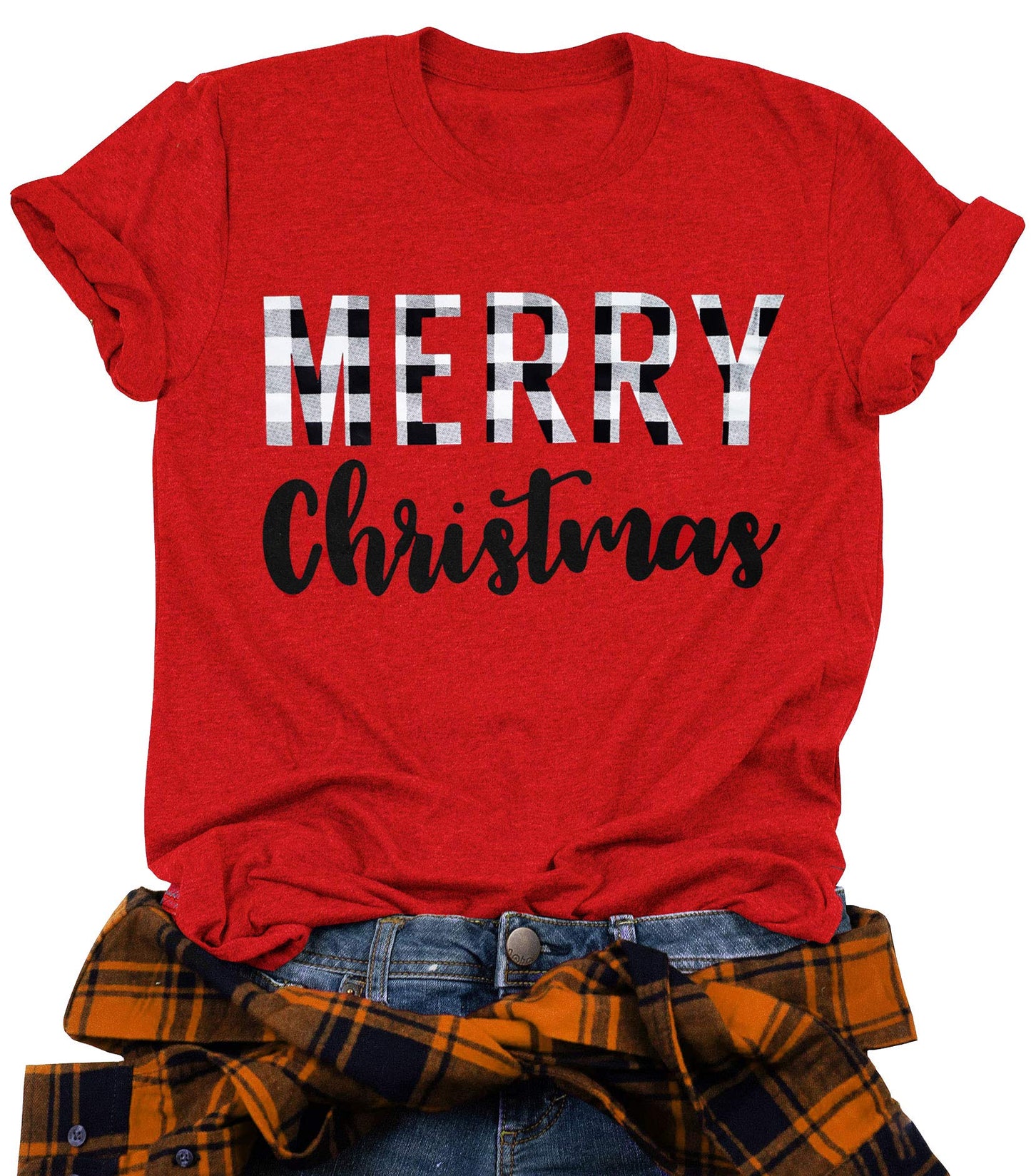 Merry Christmas T-Shirts for Women Buffalo Plaid Print Christmas Shirts Tops Holiday Letter Print Tee Tops (Red, XX-Large)