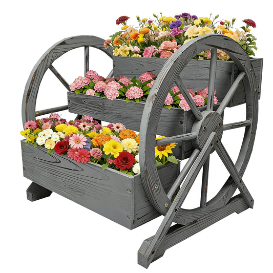 3 Tier Large Wooden Wagon Planter Box|Outdoor Planter/Flower Pot for Indoor&Outdoor Plants-Rustic Garden Planter for Patio,Porch&Garden Decor-Raised Garden Bed for Succulents,Herbs,Vegetables