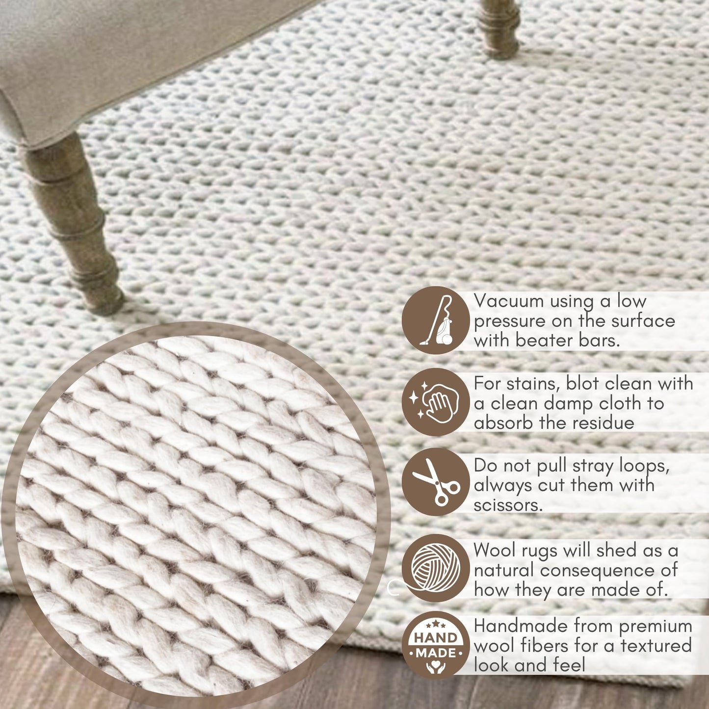 FRELISH DECOR Wool Cotton Area Rug for Living Room and Bedroom, 6'x9' Handwoven Braided Chunky Knit Cable Rugs, Farmhouse Contemporary Area Rug: Wool Ivory Premium