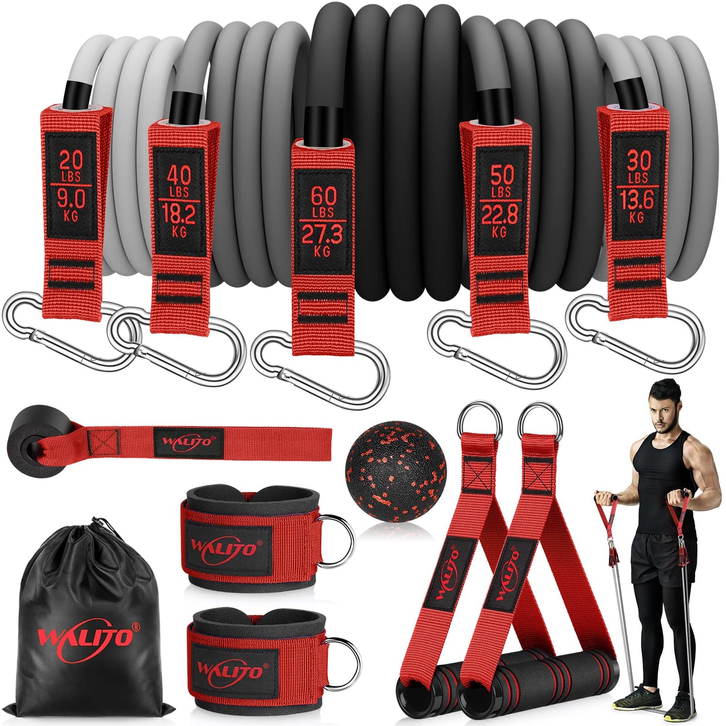 WALITO Resistance Bands Set - Exercise Bands with Handles, Door Anchor, Legs Ankle Straps, for Heavy Resistance Training, Physical Therapy, Muscle Training, Yoga, Home Workouts, Gym