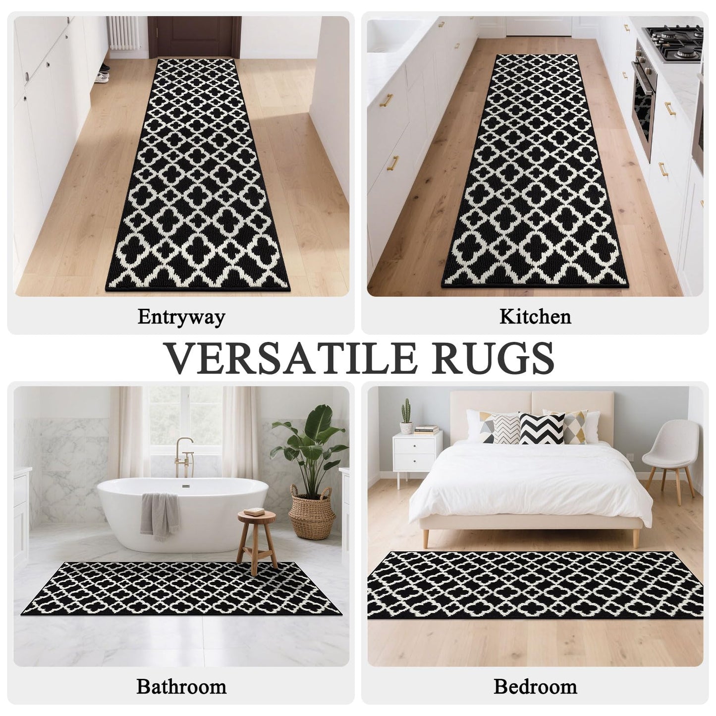 U'Artlines Washable Hallway Runner Rug 2x6', Non-Slip Basketweave Modern Geometric Kitchen Runner, Low Profile Entryway Rug for Indoor, Laundry Room & Bathroom Black and White