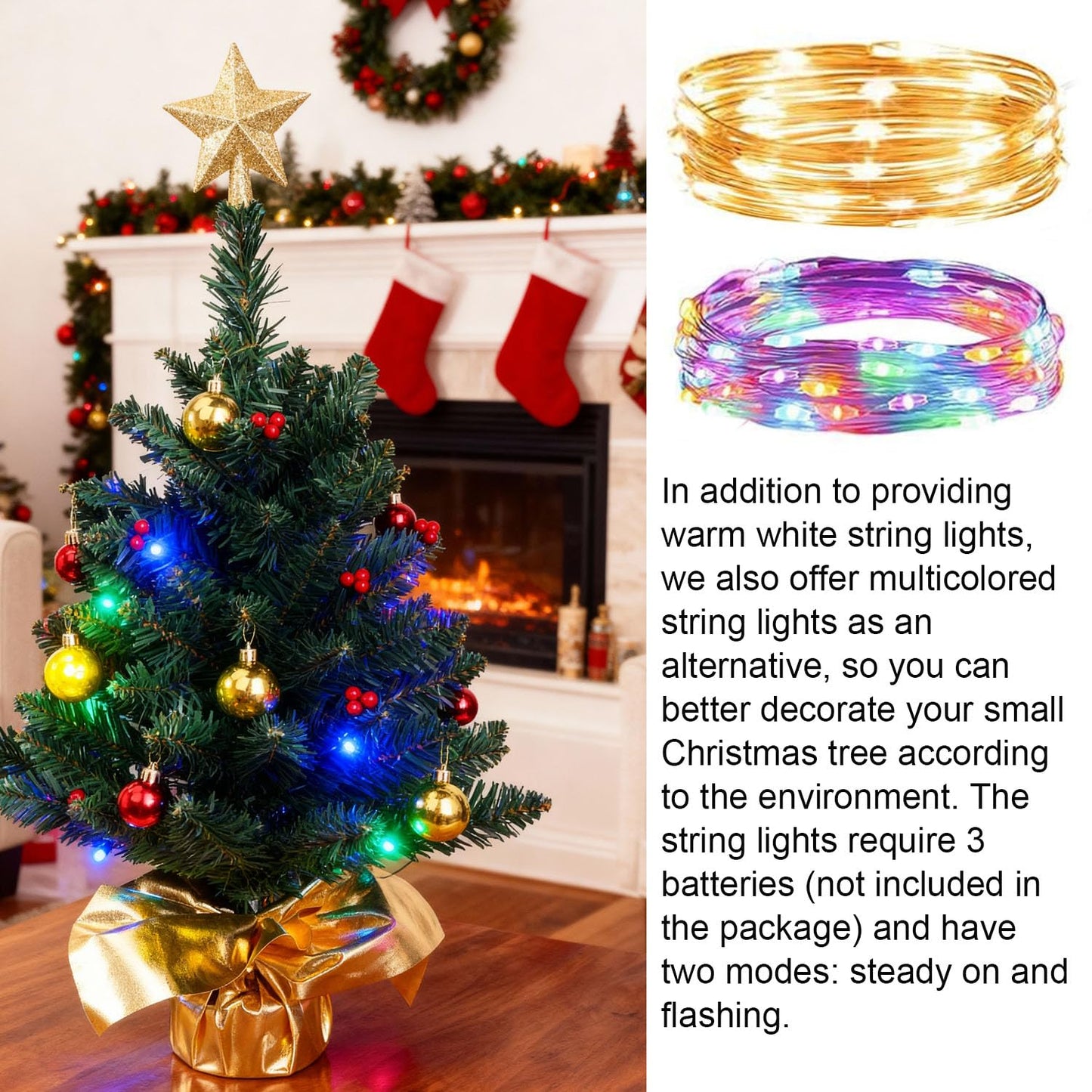 Liecho 24 Inch Tabletop Mini Christmas Tree, Miniature Pine Christmas Tree with Hanging Ornaments, Battery Operated Artificial Xmas Tree, Best DIY Christmas Decorations-Gold