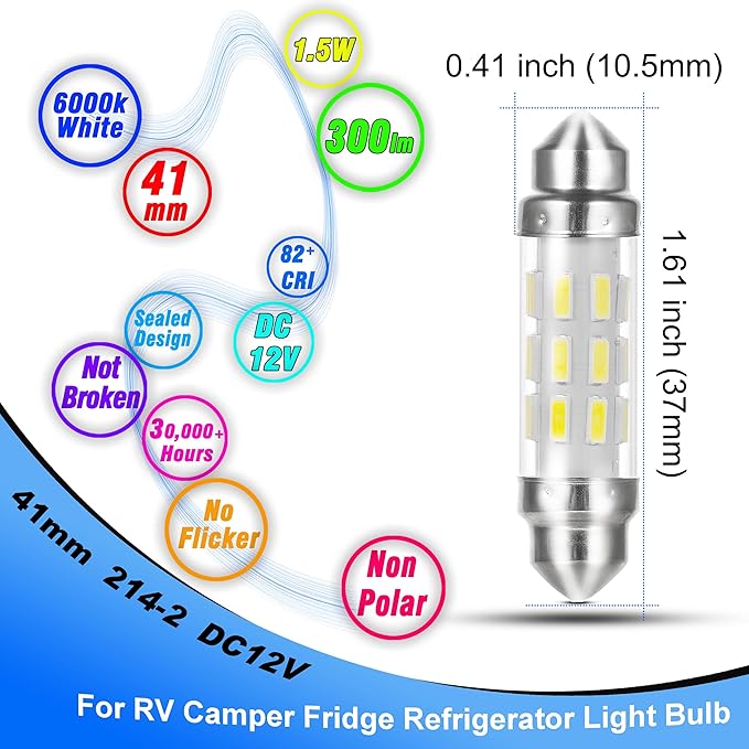 41mm/1.6" 214-2 RV Refrigerator Light Bulb DC 12V Super White Replacement LED Festoon Bulbs for Trailer Camper Motorhome Concession Stands Food Trucks RV Fridge Refrigerator Interior Light Bulb,2 Pack