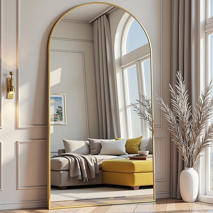 Arched Full Length Mirror, 71"x30" Free Standing Floor Mirror, Modern Full Body Mirrors with Stand, Wall Mirrors with Aluminum Alloy Frame for Bedroom,Living Room, Gold