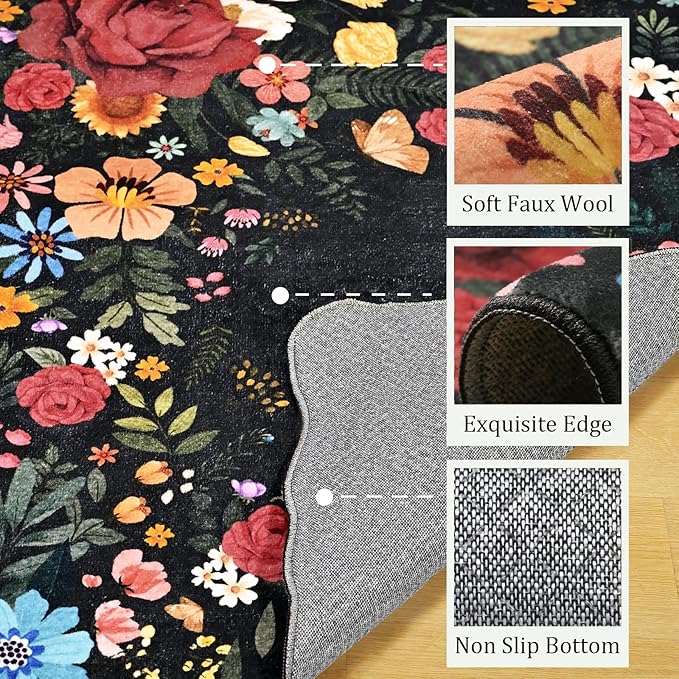 Kitchen Rug Runners for Hallways: 2'6''x8' Washable Runner Rugs for Kitchen Ultra Thin Stain Resistant Non Slip Low Pile Lightweight Vintage Floral Carpet for Laundry Room Decor (Black)