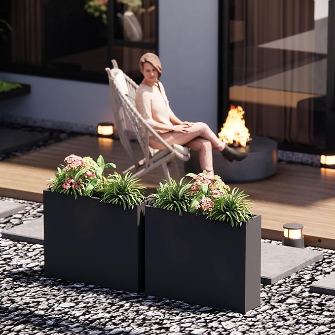 GSK Black Metal Planter Box Sturdy Rectangular Plant Trough 38" L x 10" W x 30" H Insert with Drainage Hole Easy Assembly Indoor Outdoor Sapce Separation Patio Balcony Deck Garden