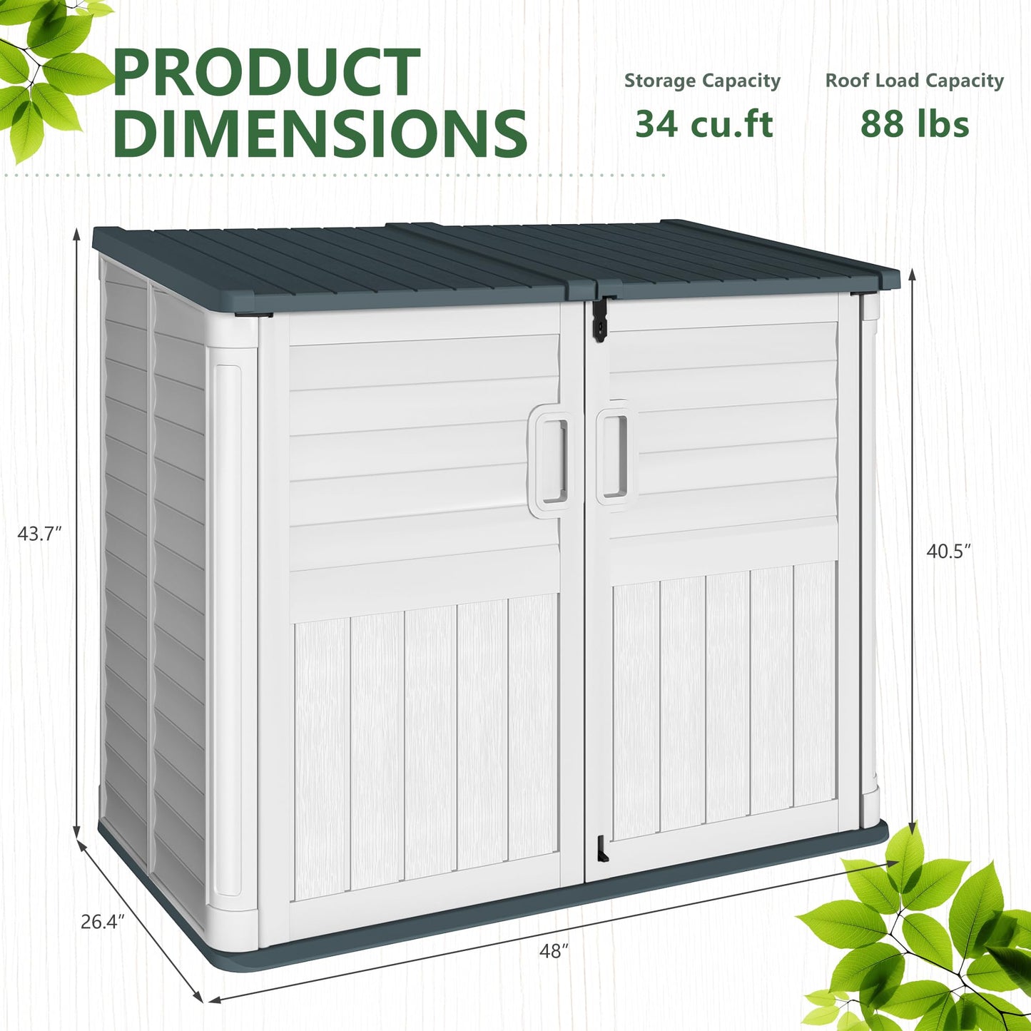Greesum Outdoor Resin Storage Shed, 34 Cu.ft Horizontal Outdoor Storage Box Waterproof for Garden, Pool Storage, Garbage Cans, Beige