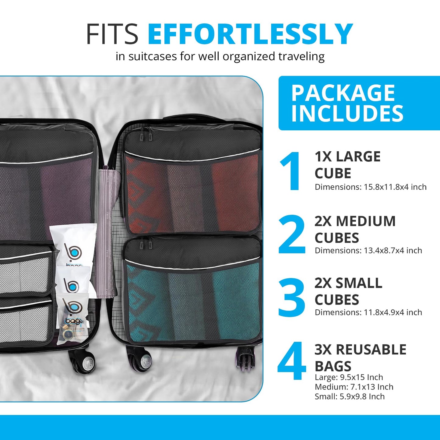 bago 8 Pcs Packing Cubes For Travel - 5 Packing Cube with 3 ZipLock Bags - Travel Cubes to Get Maximum Storage, Save Time & Effort to Pack - Happy Traveling (BlackBluePurpGreenPink)