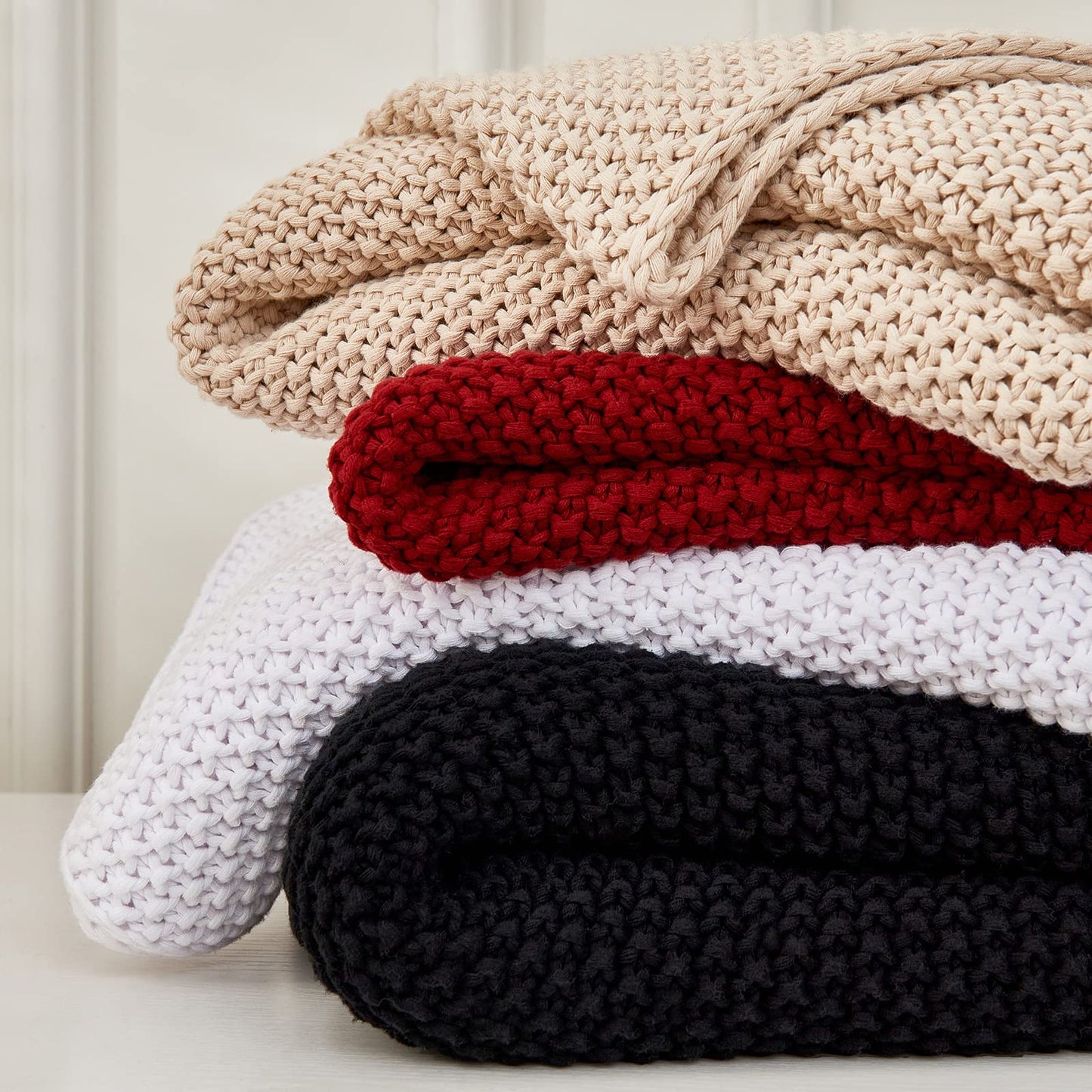 Longhui bedding Chunky Cable Knit Throw Blanket Lightweight Burgundy 100% Organic Cotton Blanket for Sofa Couch Bed Baby Nursery, Rustic Shabby Chic Modern Farmhouse, 51” x 63” Give Laundering Bag