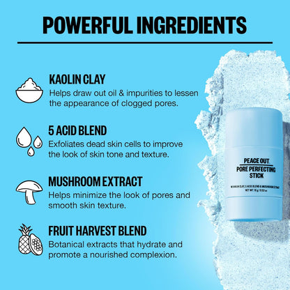 PEACE OUT Pore Perfecting Stick Acne Solution & Blackhead Remover, Glycolic Acid & Salicylic Acid Cleanser, Works Like a Face Wash, Skincare Facial Cleanser & Exfoliating Facial Scrub, 15g /0.53oz