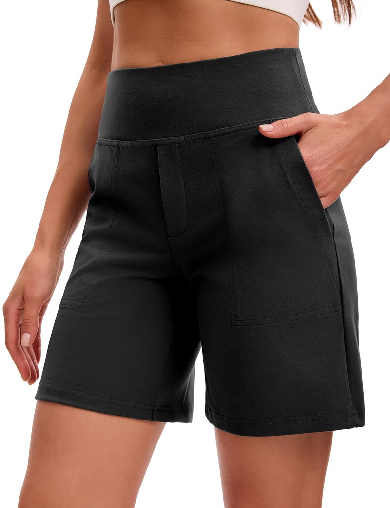 VOOVEEYA Women's Bermuda Shorts 7" High Waisted Athletic Long Shorts with Pockets for Running Yoga Casual（7" Black M）