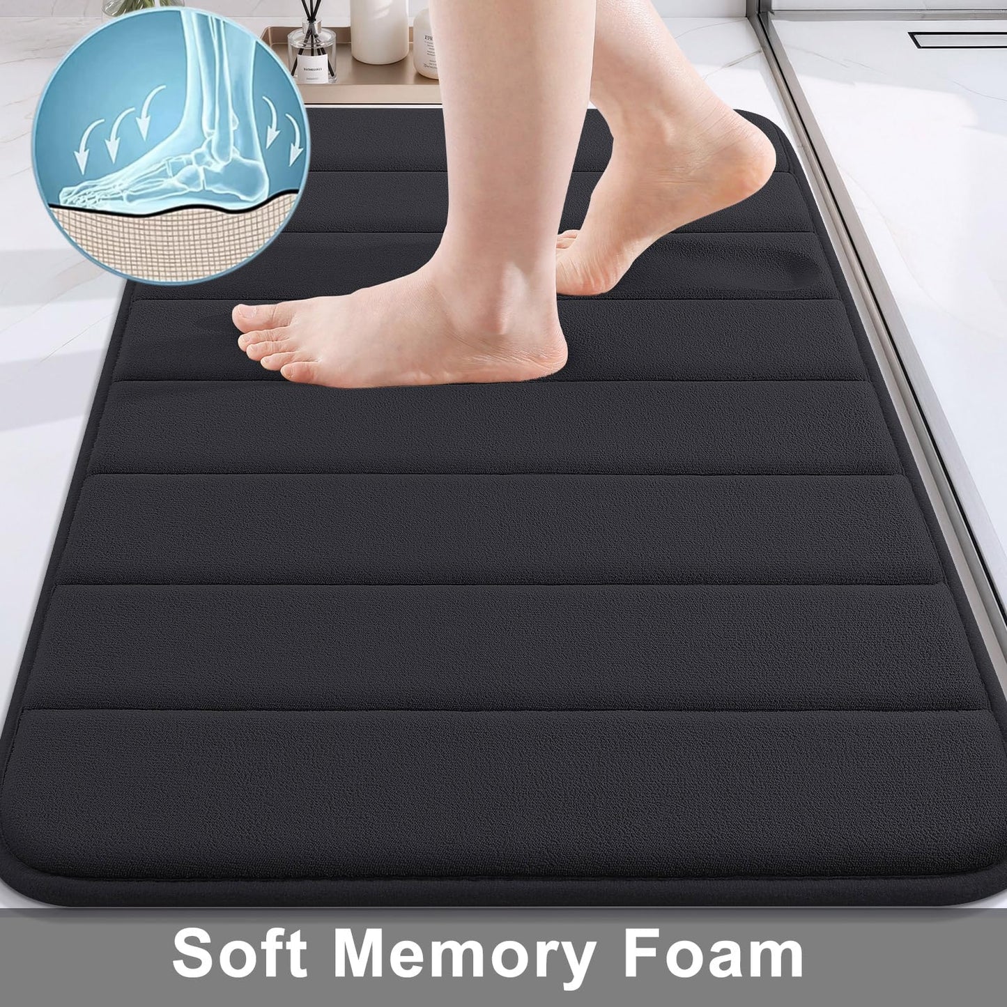 Buganda Memory Foam Bath Mat, 47" x 17", Ultra Soft and Non-Slip Bathroom Rugs, Water Absorbent and Machine Washable Bath Rug Runner for Bathroom, Shower, and Tub, Black