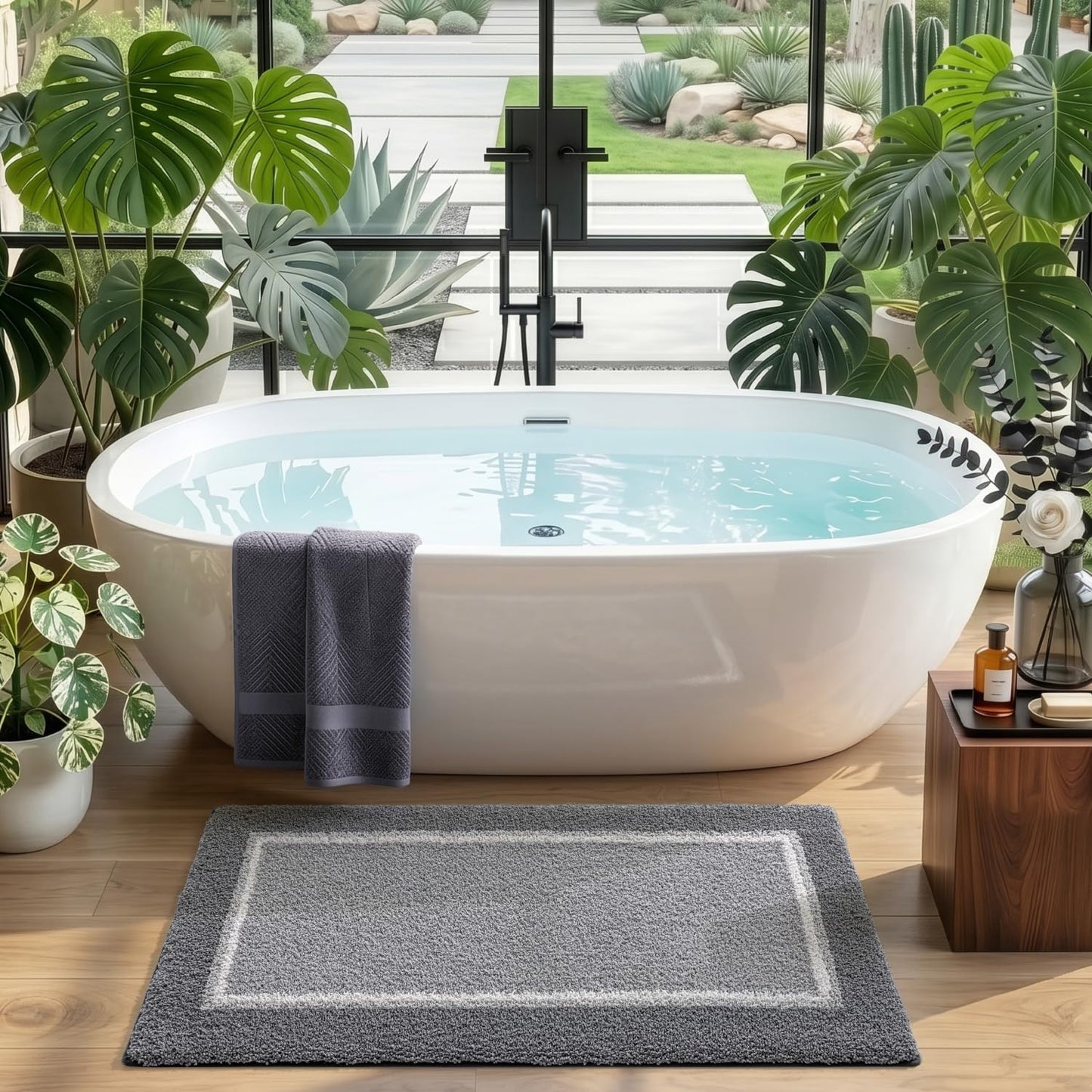 DEXI Bathroom Rugs 24x16, Absorbent Extra Soft Plush Microfiber Bath Mat for Bathroom, Non Slip Washable Bathmat Quick Dry for Shower Floor, Sink, Tub, Laundry Room, Light Grey