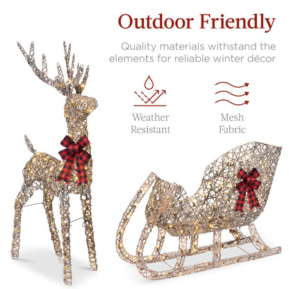 Best Choice Products Lighted Christmas 4ft Reindeer & Sleigh Holiday Outdoor Yard Decoration Set w/ 205 LED Lights, Stakes, Zip Ties - Rattan