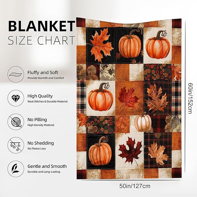 Blanket Thanksgiving Lightweight Soft Throw Blanket for Girls Teens Women, Plaid Pumpkin Fall Fuzzy Blanket Home Room Decor 50x60 Inches