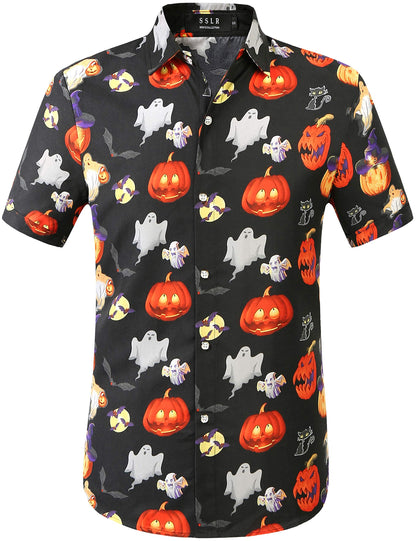 SSLR Mens Halloween Shirt, Short Sleeve Pumpkins Shirts Button Down Light Weight Causal(Large,Black(291))
