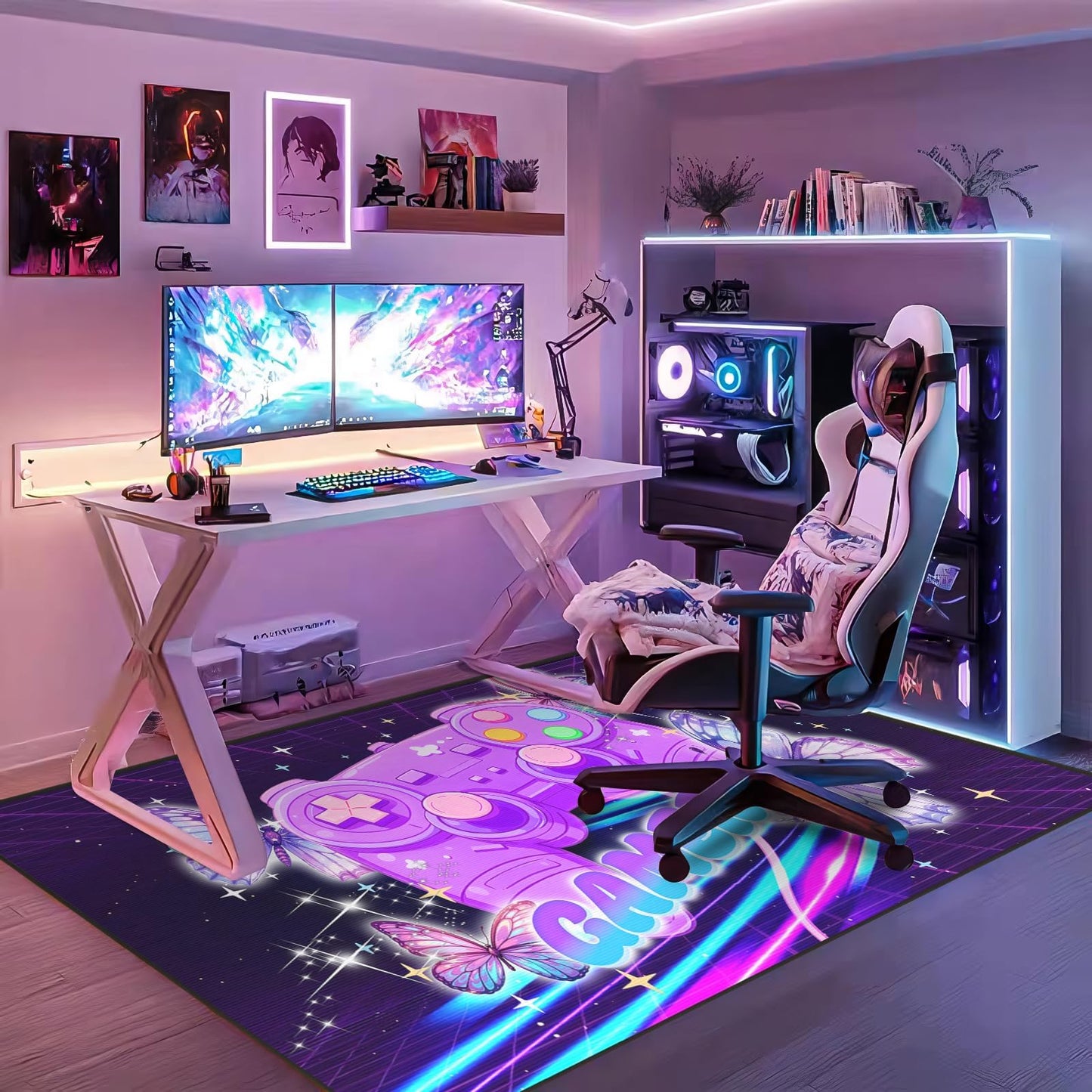 Gamer Area Rugs for Girls Bedroom, Dreamy Purple Butterfly Gaming Rug for Gamer Room, Teens Room,Girls Room, Kids Playroom, Dorm, Large Video Game Floor Mat Kids Rug Carpet for Bedroom Decor 71"x47"