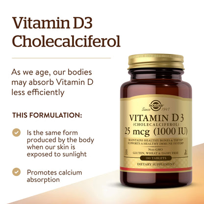 Solgar Vitamin D3 (Cholecalciferol) 1000 IU (25 µg) Tablets - Food Supplement, Pack of 180 Capsules - For Healthy Bones, Teeth and Muscle Function - Supports Immunity - Gluten Free