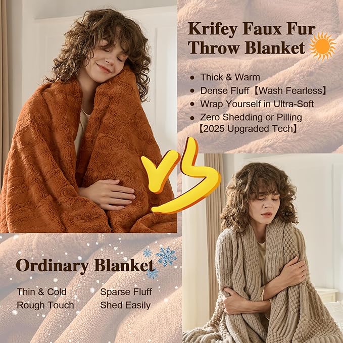 Krifey Oversized Faux Fur Blanket, Super Soft Cozy Blanket, Luxury Fluffy Throw Blanket Fuzzy Bed Throw, Plush for Women, Camel 60" x 80"