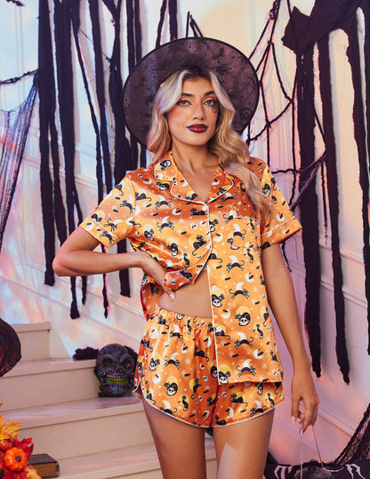 Ekouaer Womens Silk Satin Pajama Set Print Short Sleeve Sleepwear Button Down Pjs Shorts Set Loungewear Halloween Kitty L