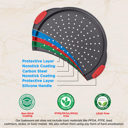 NutriChef 2-Pc. Non Stick Pizza Tray - with Silicone Handle, Round Steel Non-Stick Pan with Perforated Holes, Dishwasher Safe, Pizza Tray with Silicone and Oversized Handle, PFOA, PFOS, PTFE Free
