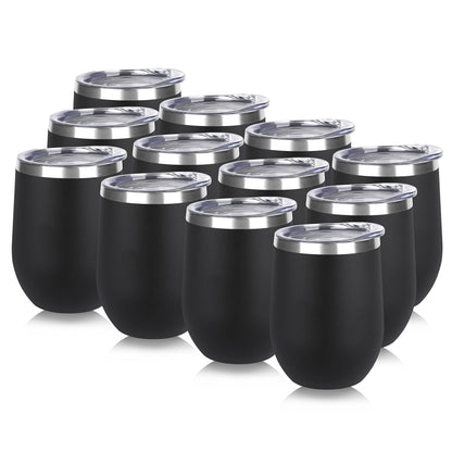 DOMICARE Stainless Steel Wine Tumbler Bulk with Lid, Personalized Insulated Tumblers Set, 12oz Travel Coffee Cups Pack of 12, Black
