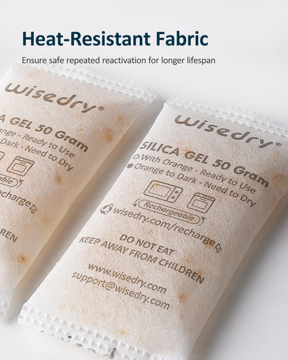 wisedry 50 Gram [10 Packs] Silica Gel Desiccant Sachets Microwave Fast Reactivate Desiccant Bags with Indicating Beads for Closet Gun Safes Bathroom Food Grade