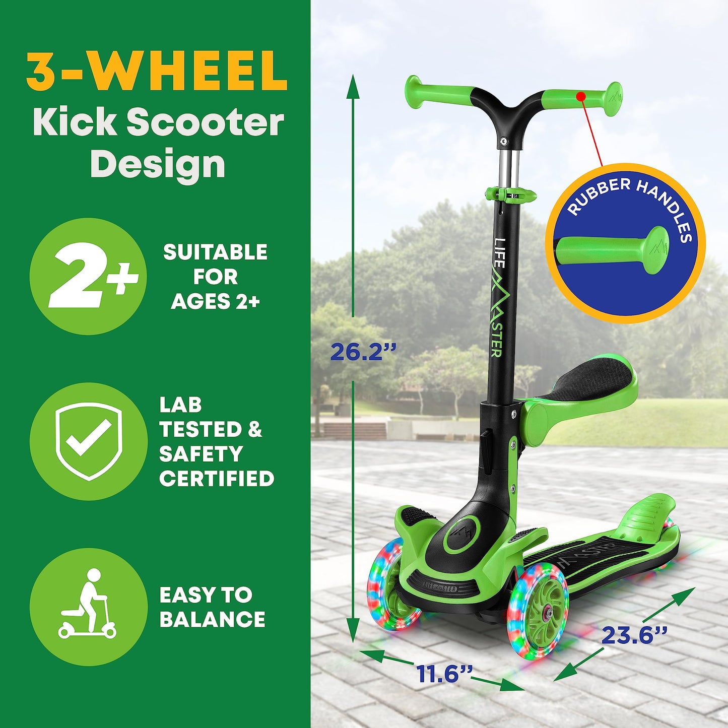 3 Wheel Scooter for Kids with Foldable Seat, Adjustable Handlebar Height, Lean-to-Steer Ride On Toy for Kids Ages 2+, Light-Up LED Wheels, Wide Anti Slip Deck, Indoor & Outdoor Use, Green