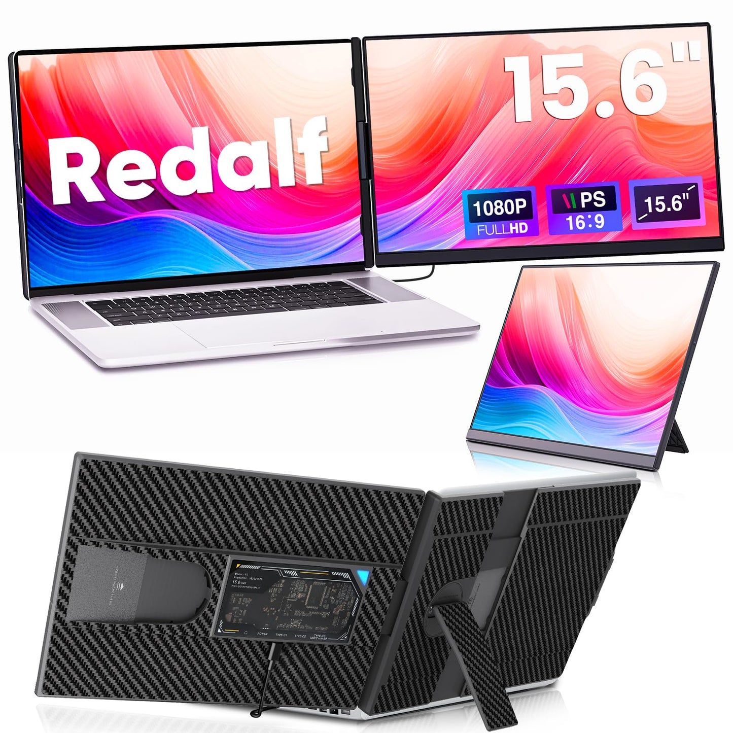 Redalf Laptop Screen Extender, 15.6" FHD 1080P Portable Monitor for Laptop, Detachable and Plug-Play Travel Monitor for 13-17.3" Laptops,Compatible for Mac/Wins/Dex/Chrome